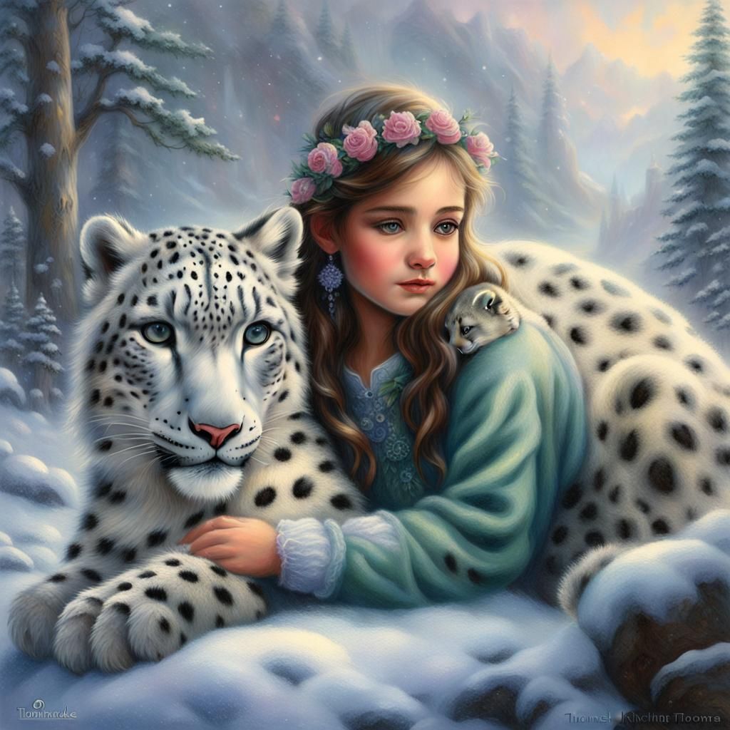 Girl Bonds with Snow Leopard in Ethereal Fantasy