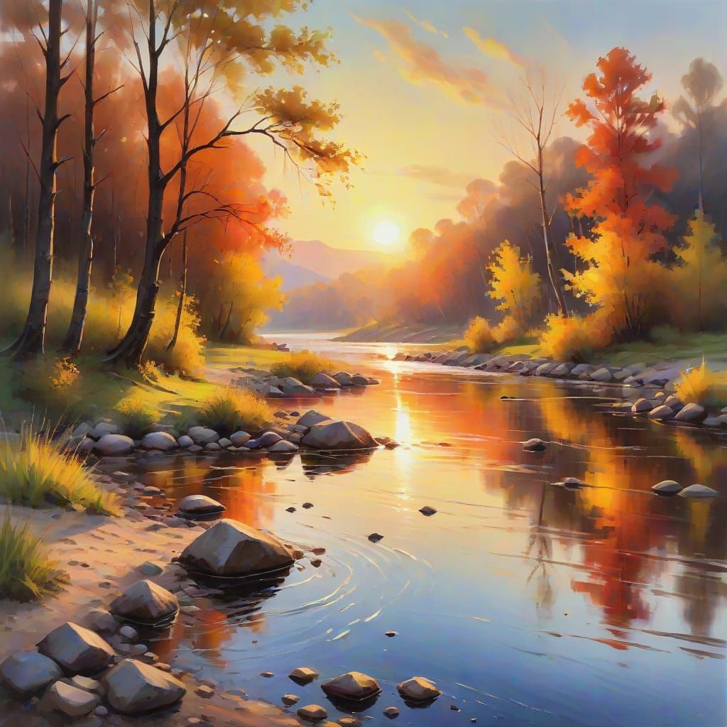 Colorful Sunrise Over River: Oil Painting Landscape