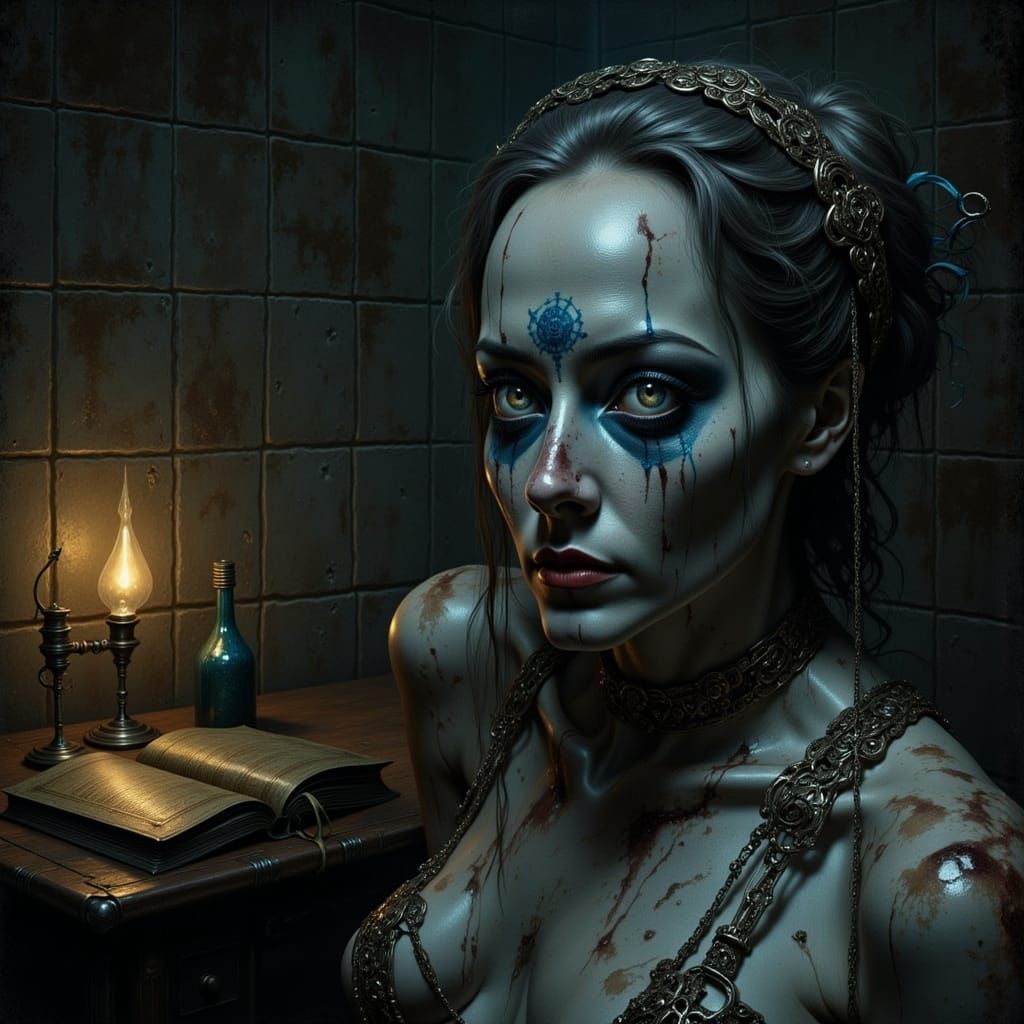 Unsettling Portrait of a Cracked-Skin Patient in Dark Fantas...