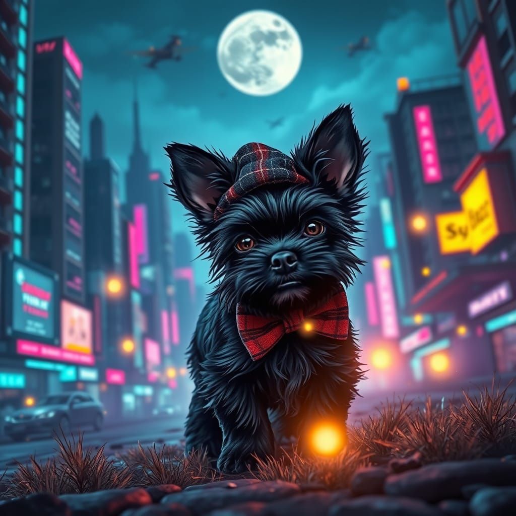 Scottish Terrier in Cyberpunk Cityscape