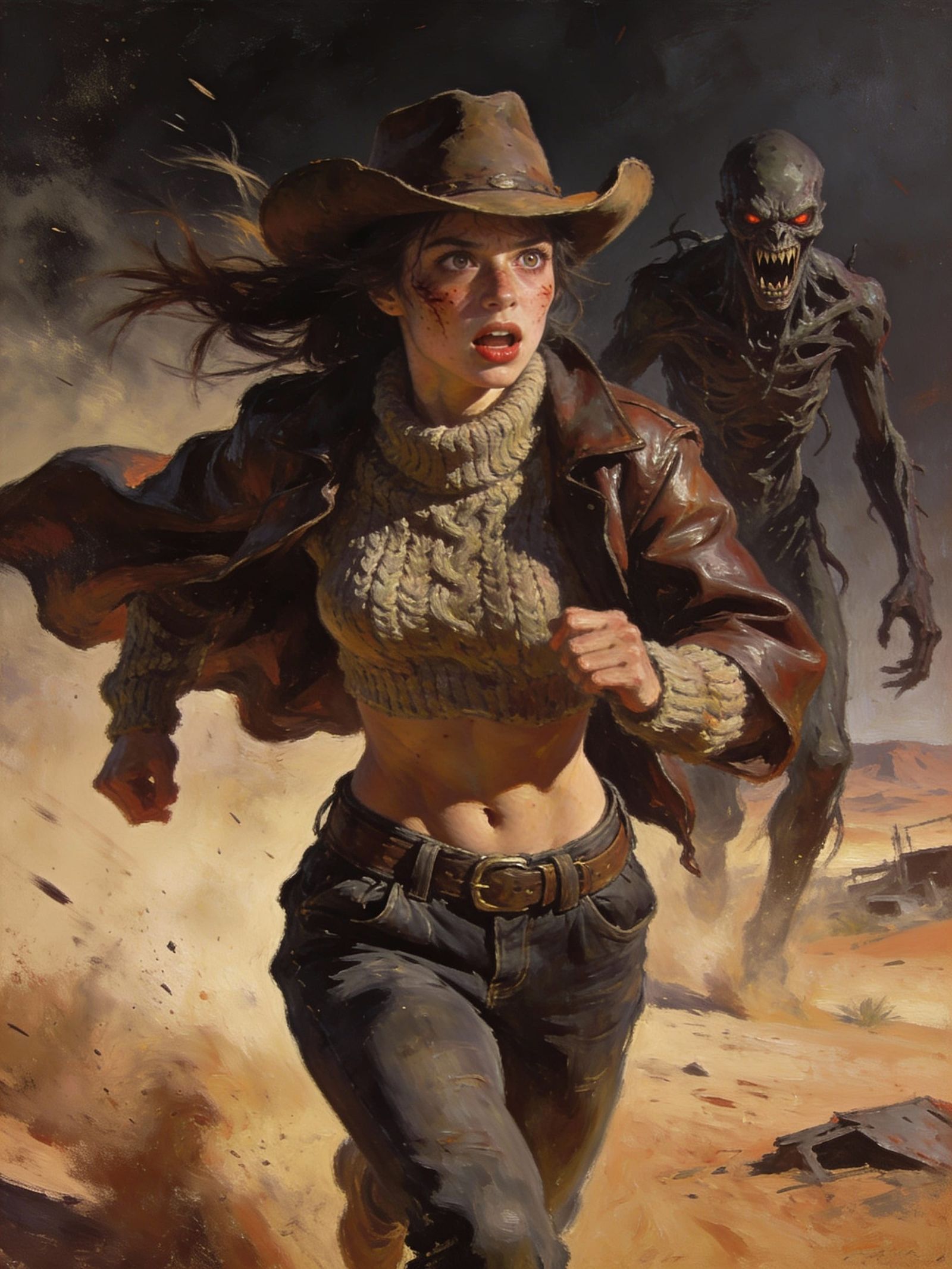Post-Apocalyptic Desert Chase: Woman Flees Mutant