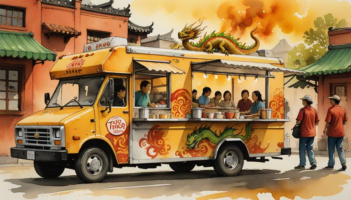 a picture of a wuxia taco truck with wuxia dragon customers,...