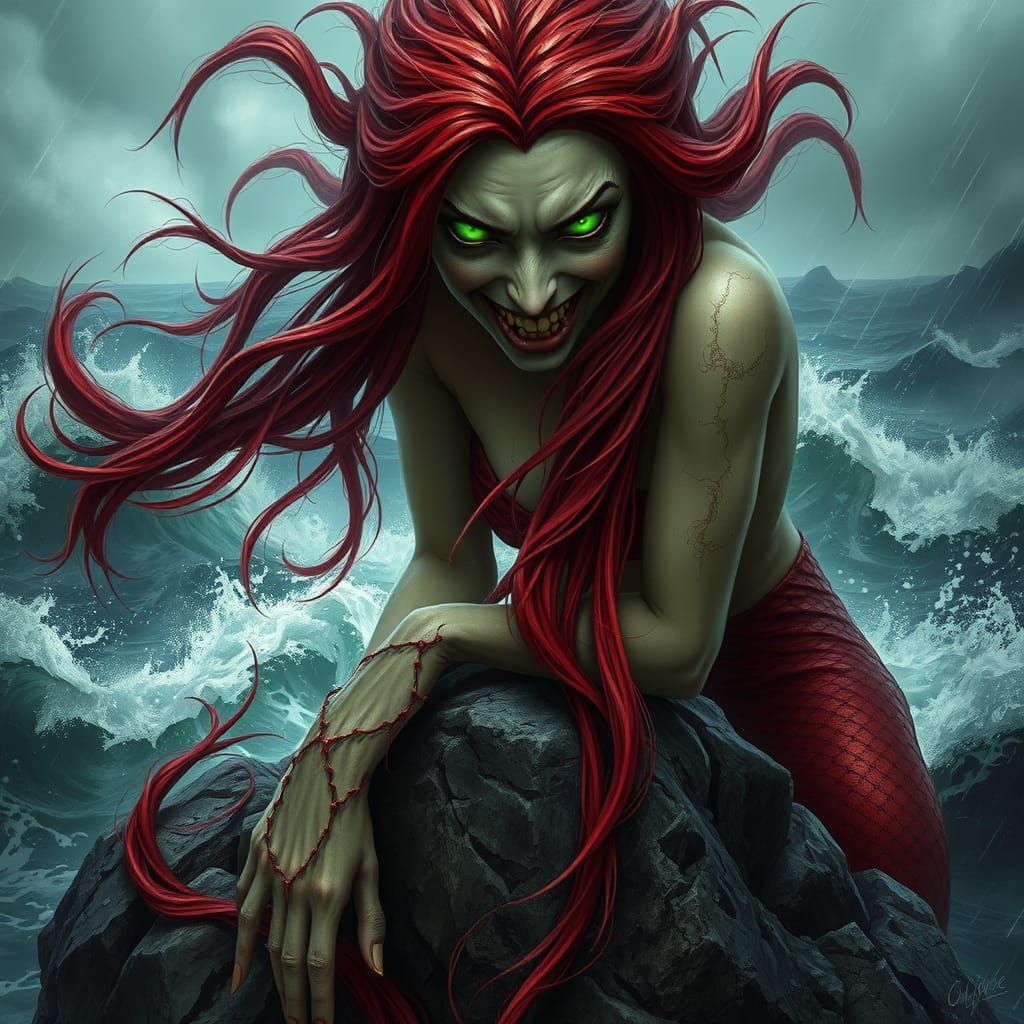 Ominous Siren with Glowing Eyes in Dark Fantasy Scene