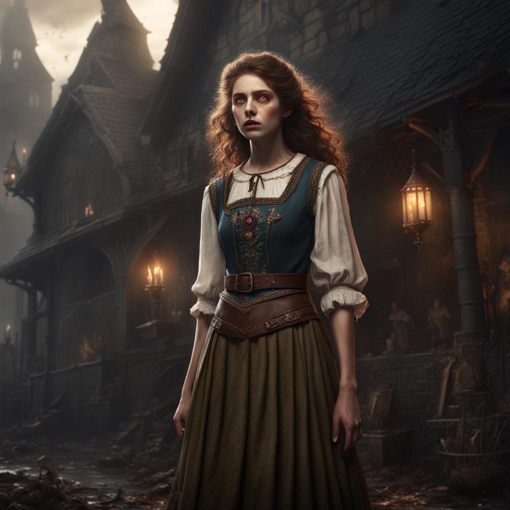 "Trending On Artstation, Zombie Female, Twenties, Light Build, Frizzy Brown Hair, Wide Eyes, High Cheek Bones, Medieval ...