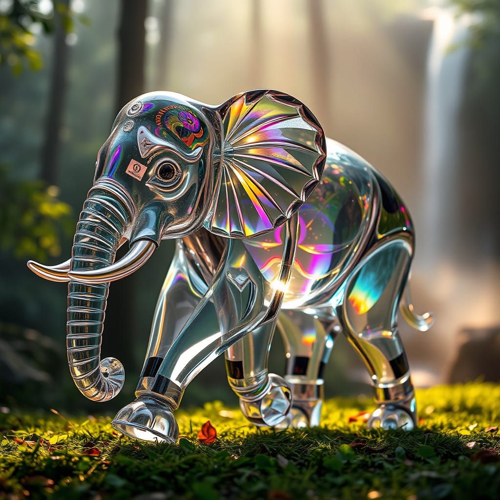 Crystal Glass Elephant in Ethereal Forest