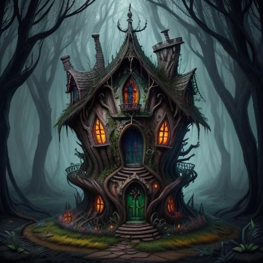 Enchanted Fairy House in Overgrown Forest: Dark Fantasy