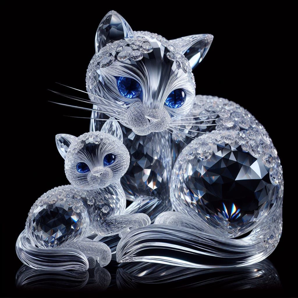 Crystal Cat and Kitten Sculpture in Glass