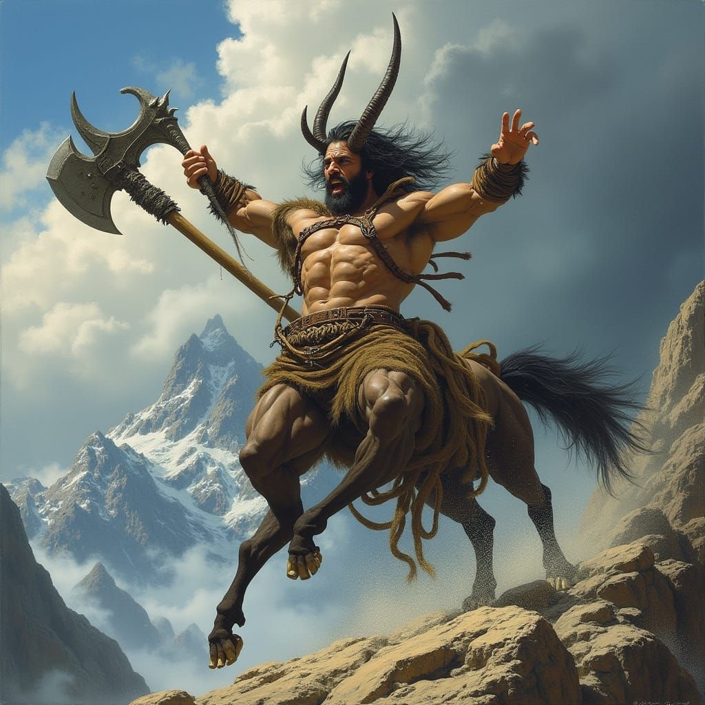 Muscled Centaur Barbarian Rears Up with Great Axe in Stormy ...