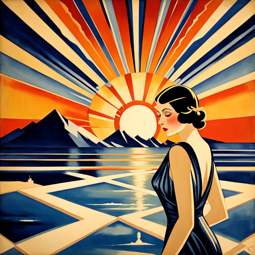 Art Deco Girl Swims Into Vibrant Sunset Sky