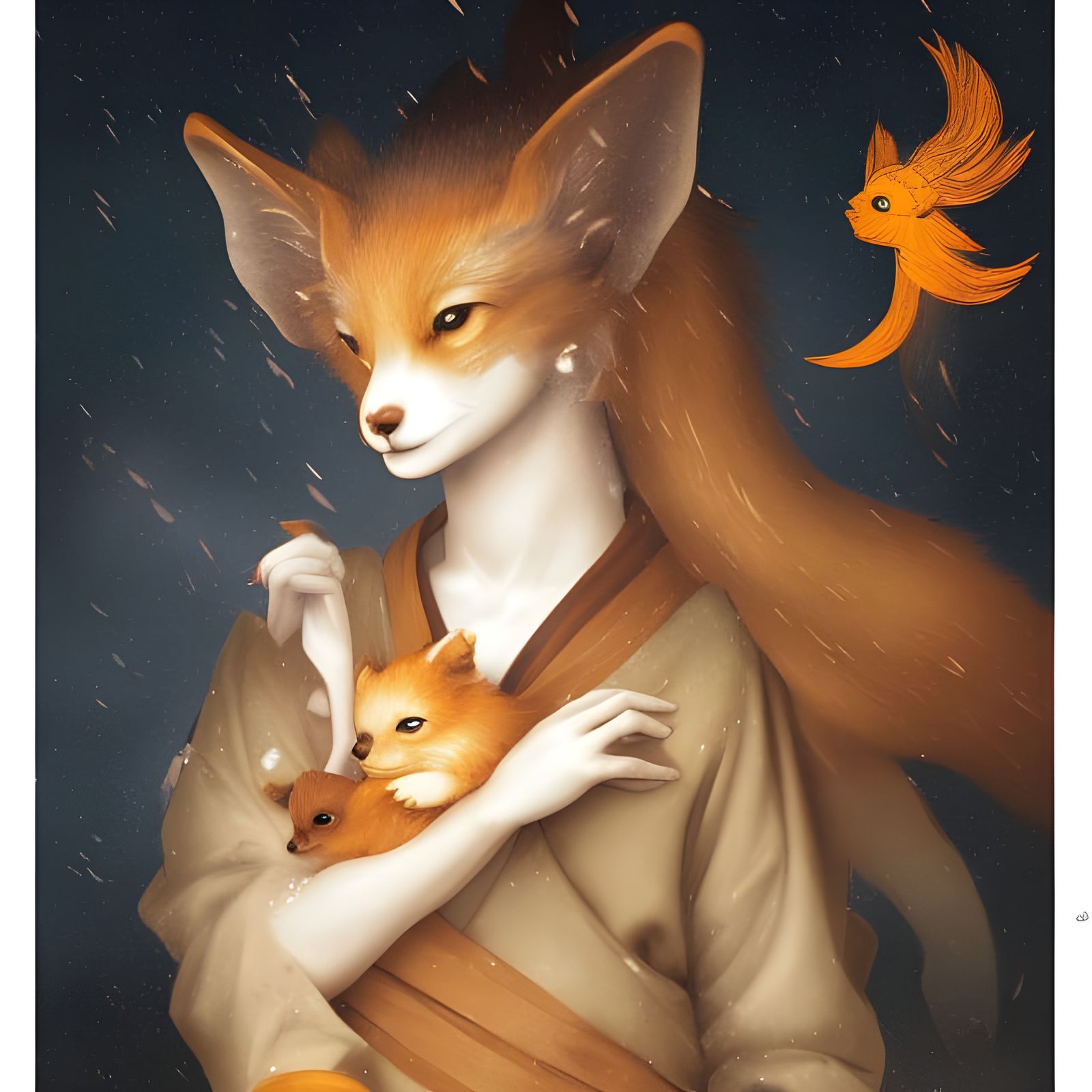 Monochrome Kitsune Portrait in Renaissance Steampunk Style