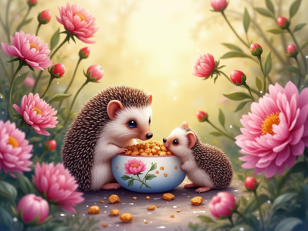 Whimsical Watercolour Garden Scene with Hedgehog Family Snac...