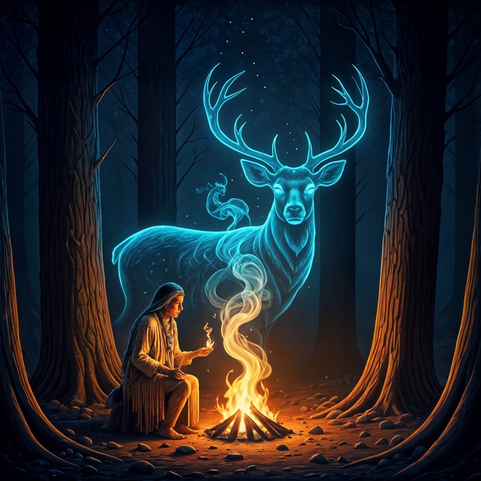 Cherokee Shaman Summons Deer Spirit: Double Exposure Portrai...
