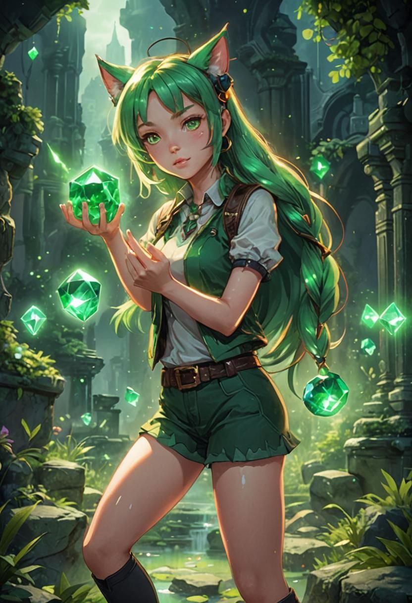 Anime Girl with Cat Ears and Gemstone
