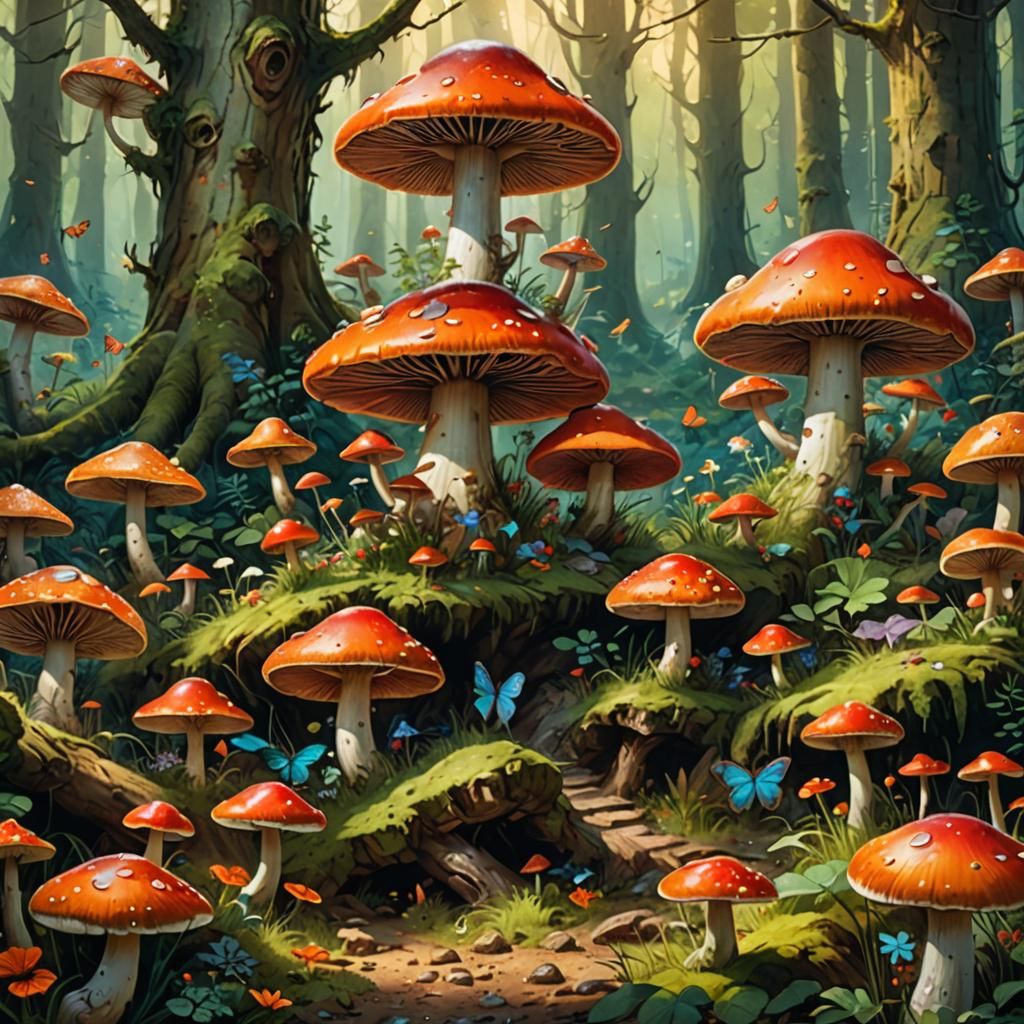 Enchanted Forest Clearing with Giant Mushrooms