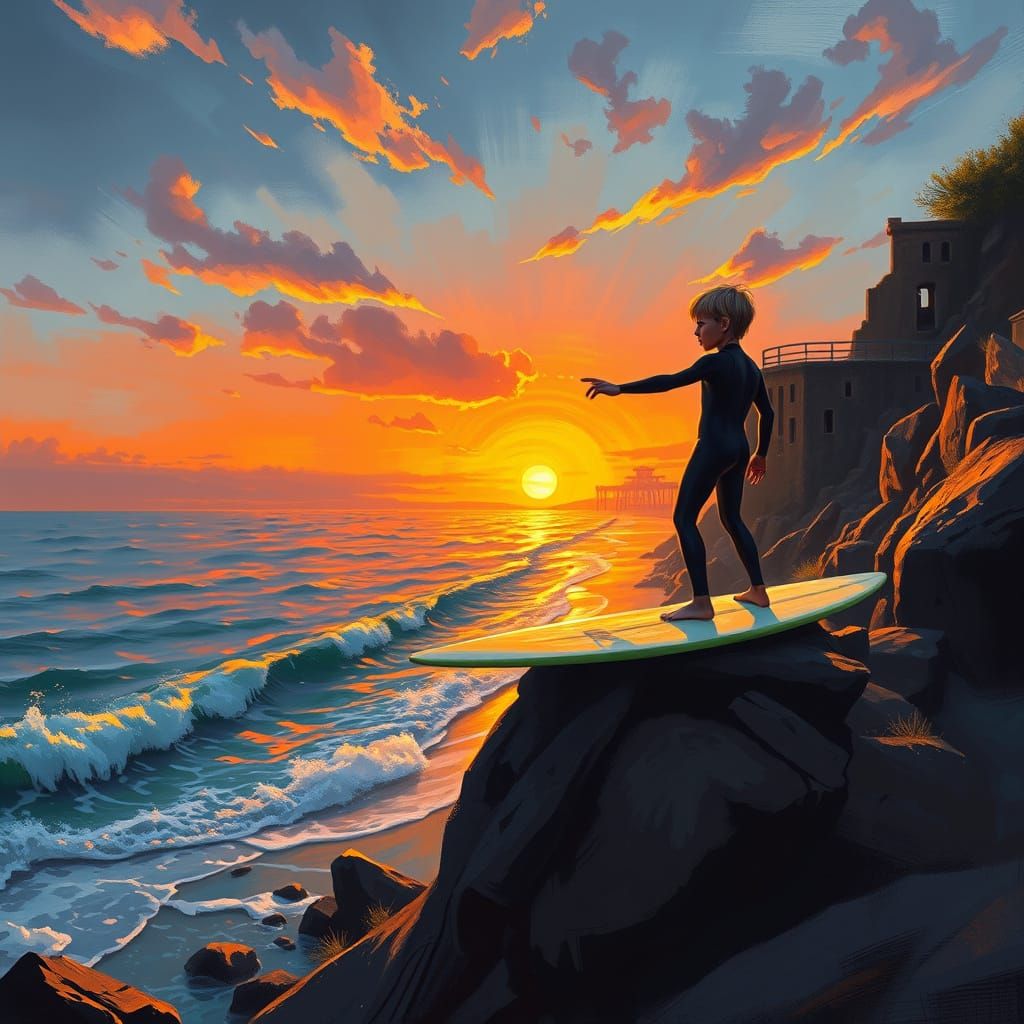 Surfer Sunset: Mystical Landscape Art