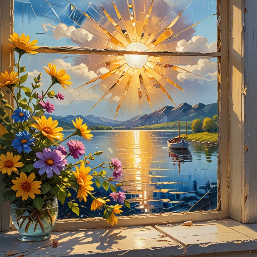 Impressionist Lake View Through Cracked Window