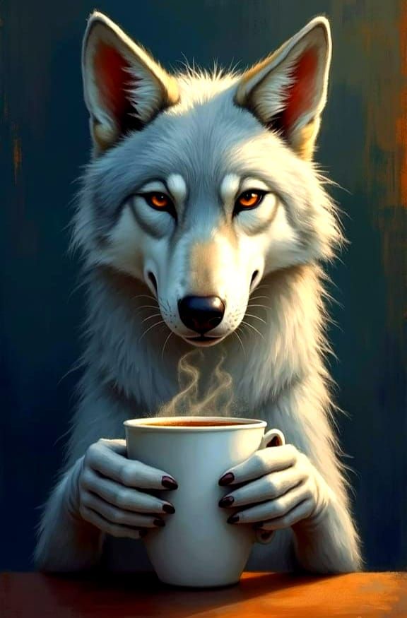 Whimsical Grey Wolf Enjoys Morning Coffee