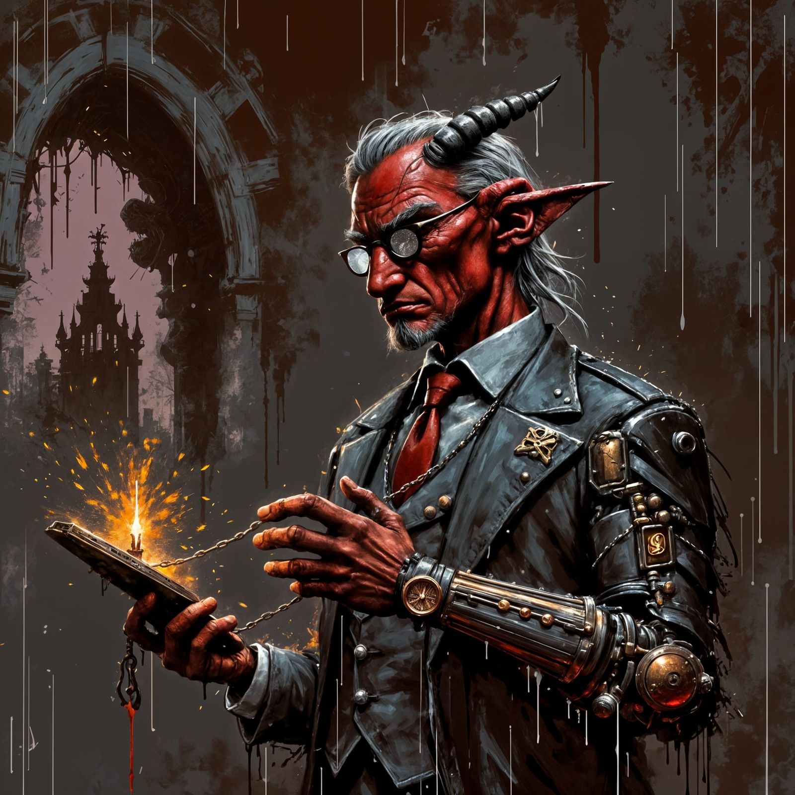Tiefling Professor Lecture in Gritty Gothic City