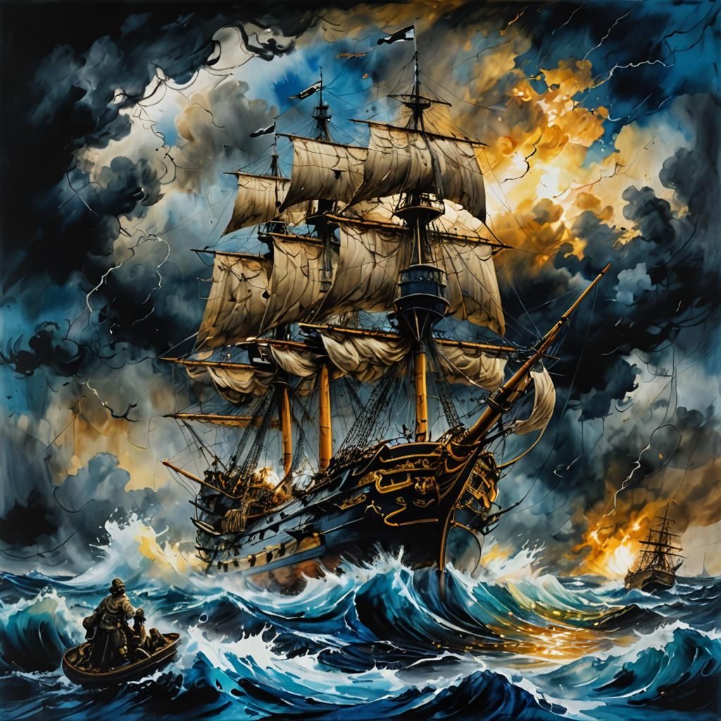 HMS Victory Pirate Ship Clash in Action Painting