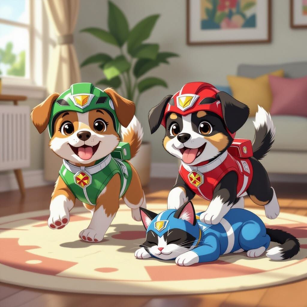 Puppies and Cat in Power Ranger Suits