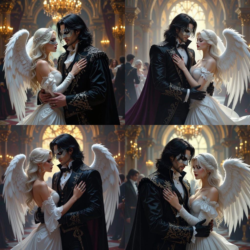 Gothic Vampire Waltzes with Angelic Woman in Ballroom