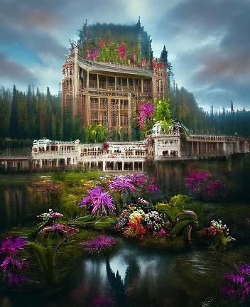 Palace, River, and Flowers in Cyberpunk Forest