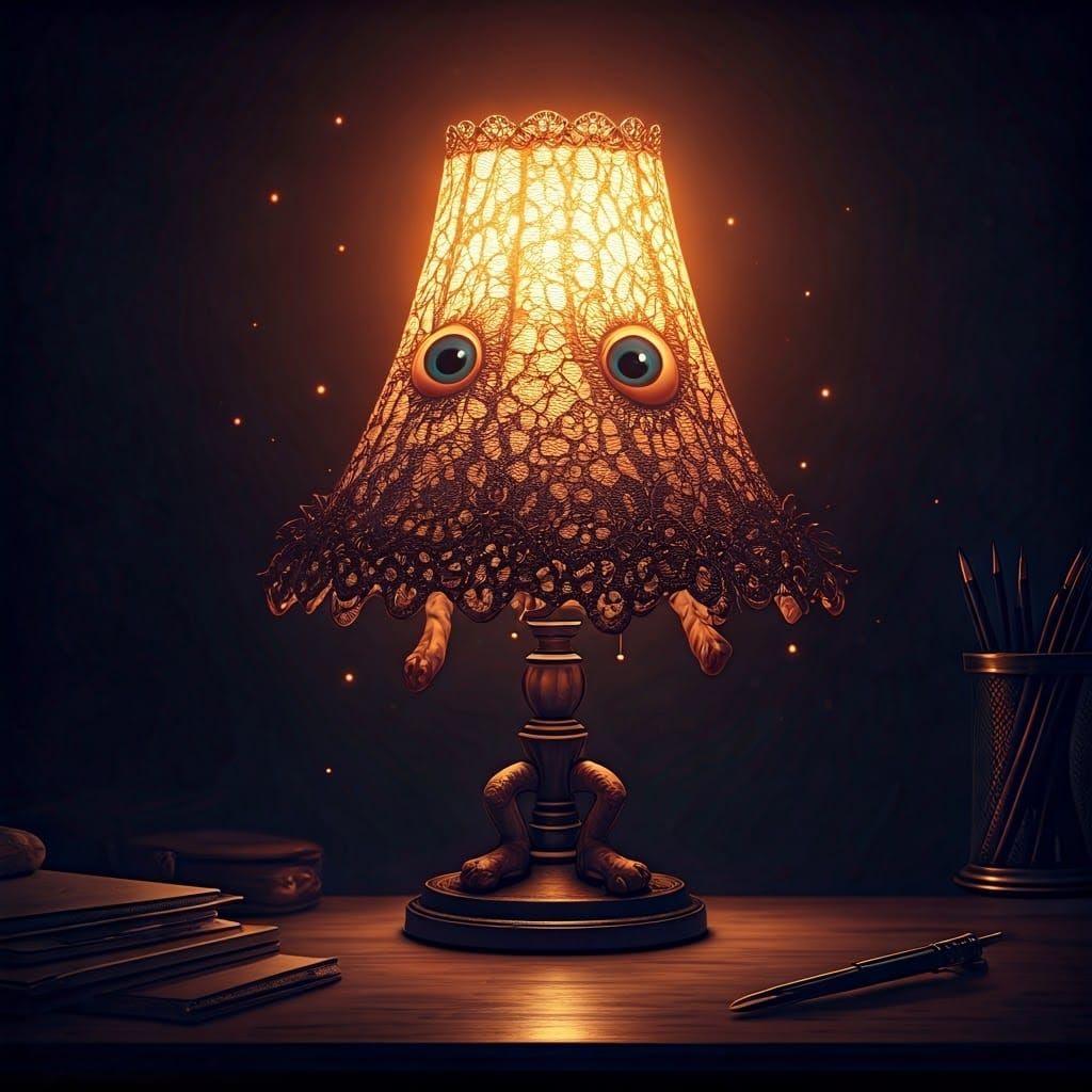 Cute Chibi Lampshade Monster in Dark Office