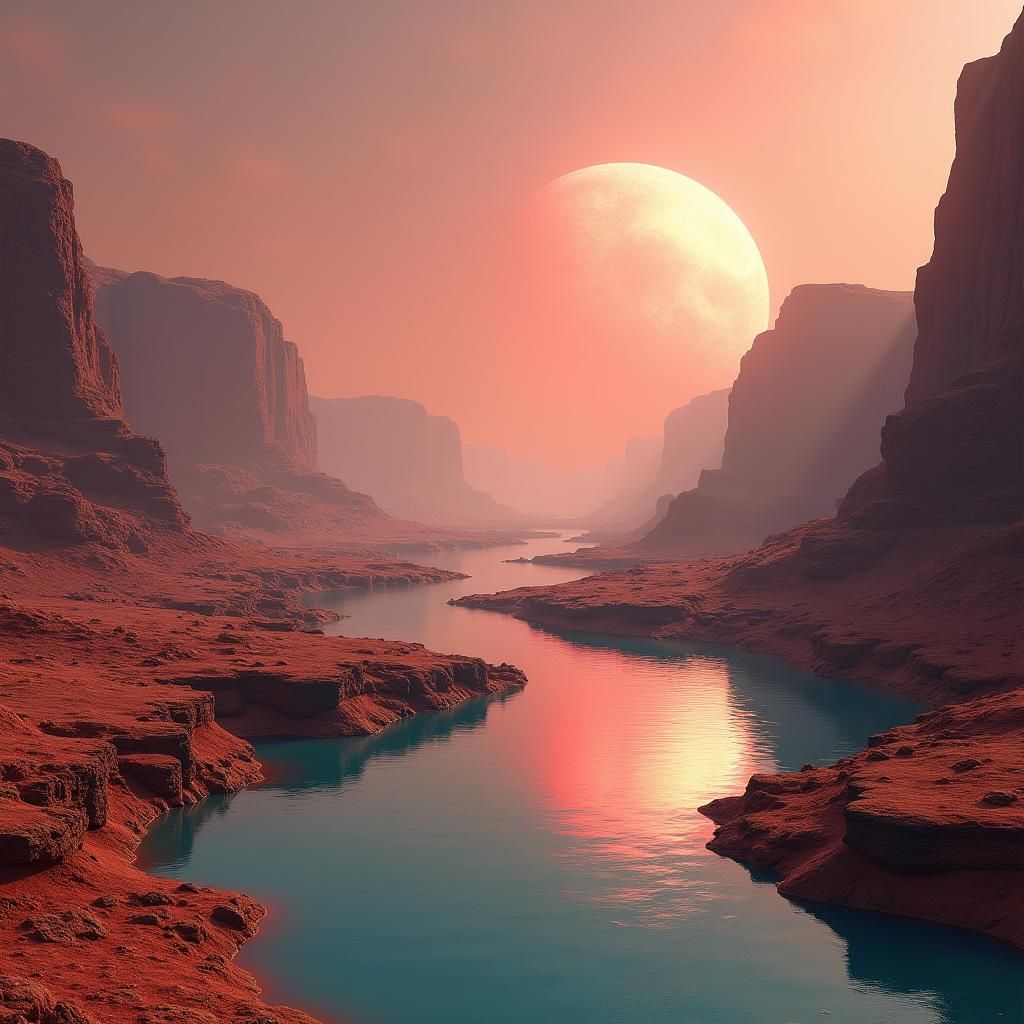 Mars Landscape Reflecting Earth in Crimson Sky