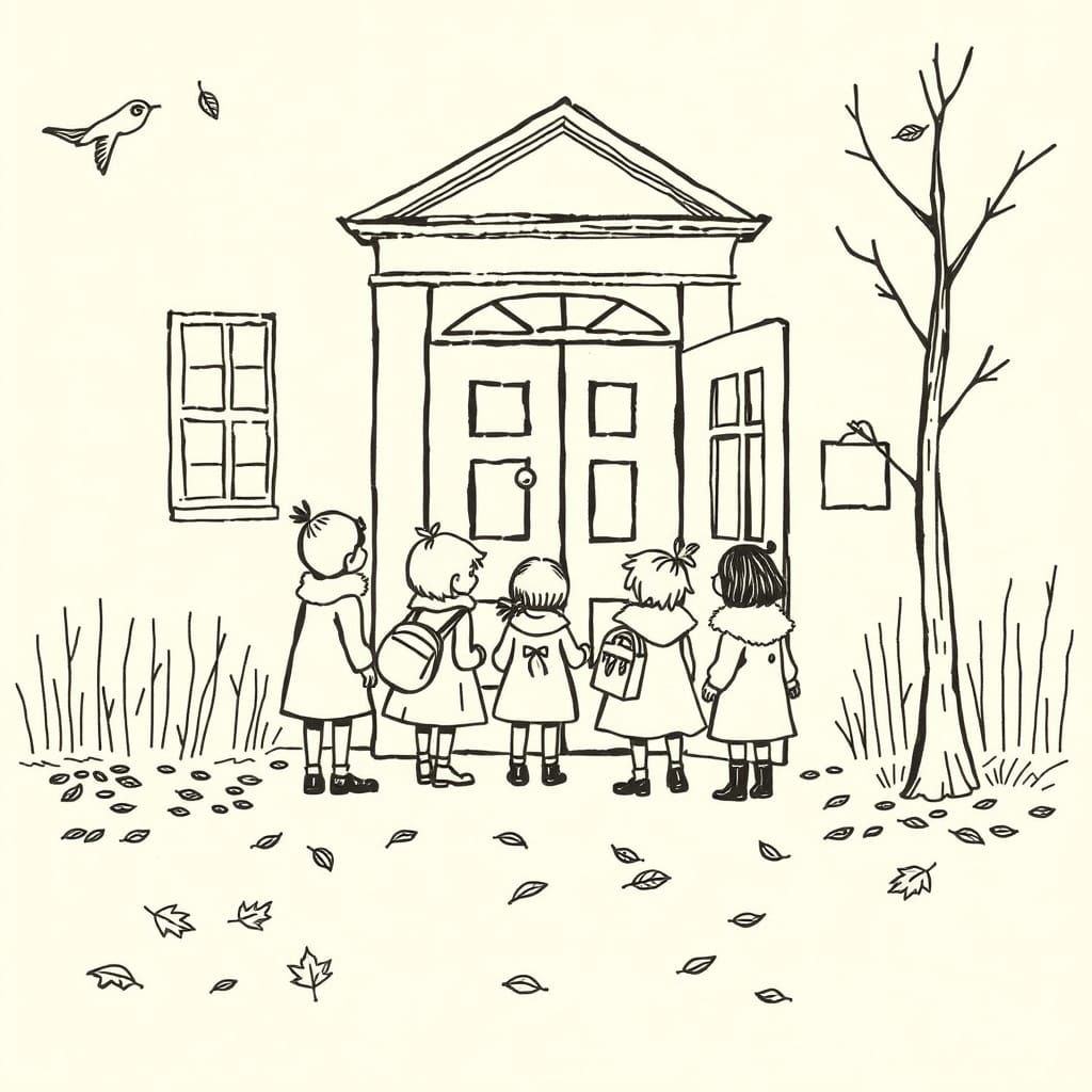 Children's Autumn School Day in Ink Sketch Style