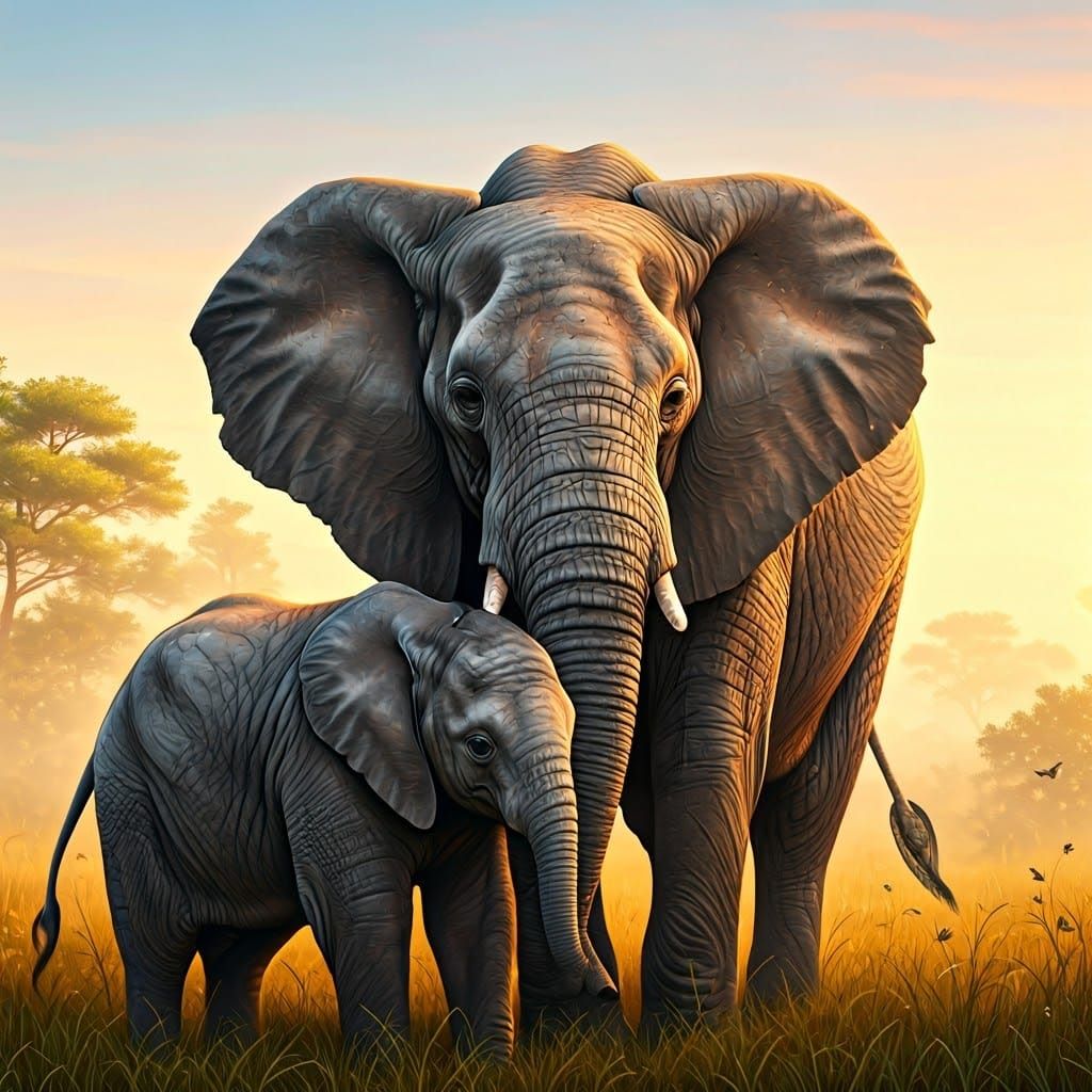 Elephant Mother and Calf in Dawn Light