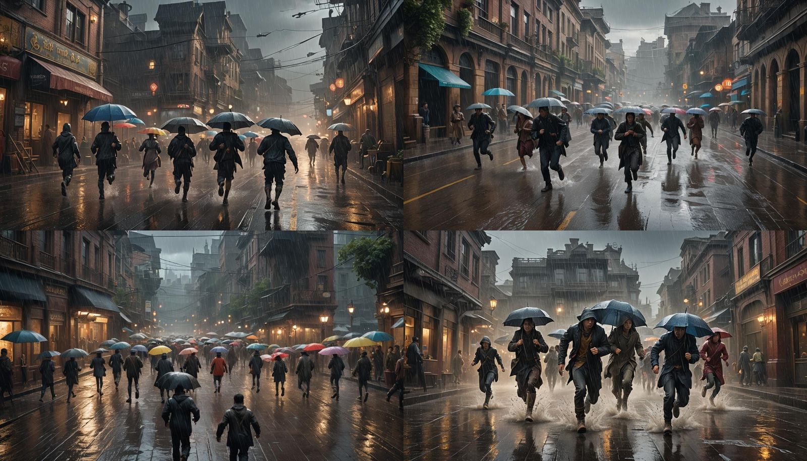 Dramatic Rainy Scene: People Seek Shelter in Digital Art