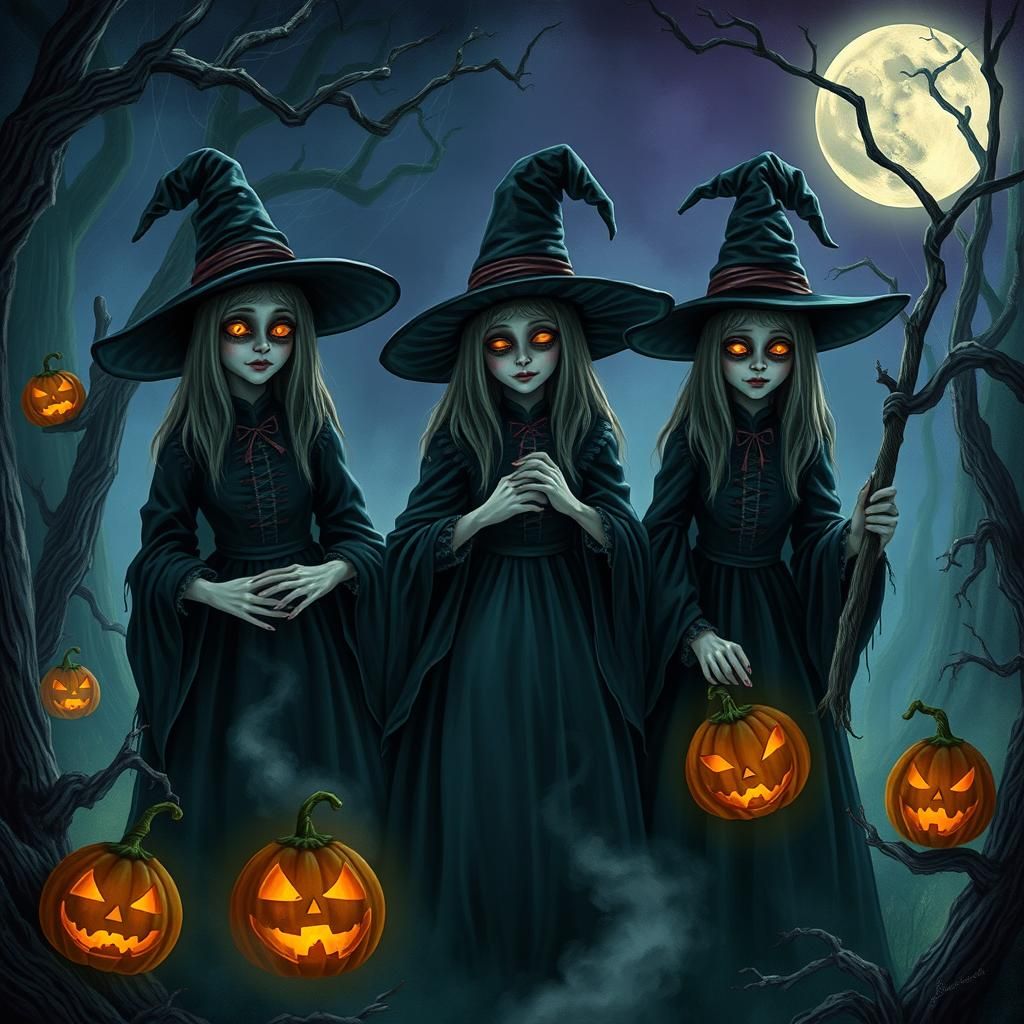Eerie Witches Casting a Spell in Mystical Forest