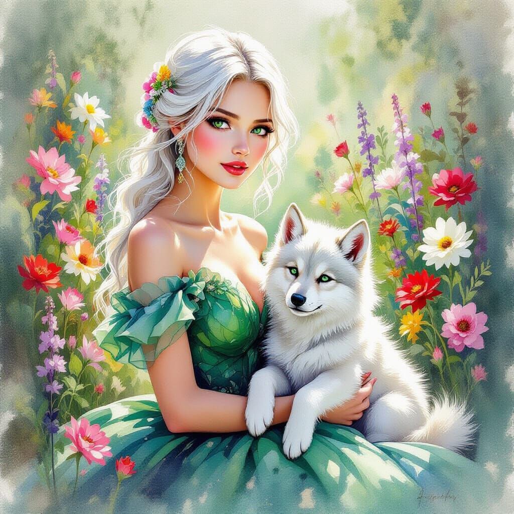 Woman and Wolf Pup in Fantasy Garden