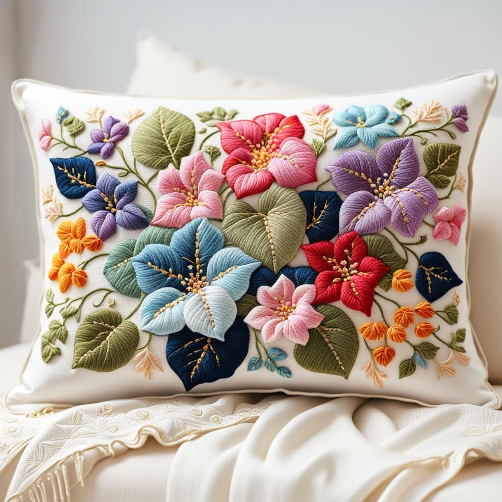 "In brilliant realistic colors: "The pillow is embroidered w...