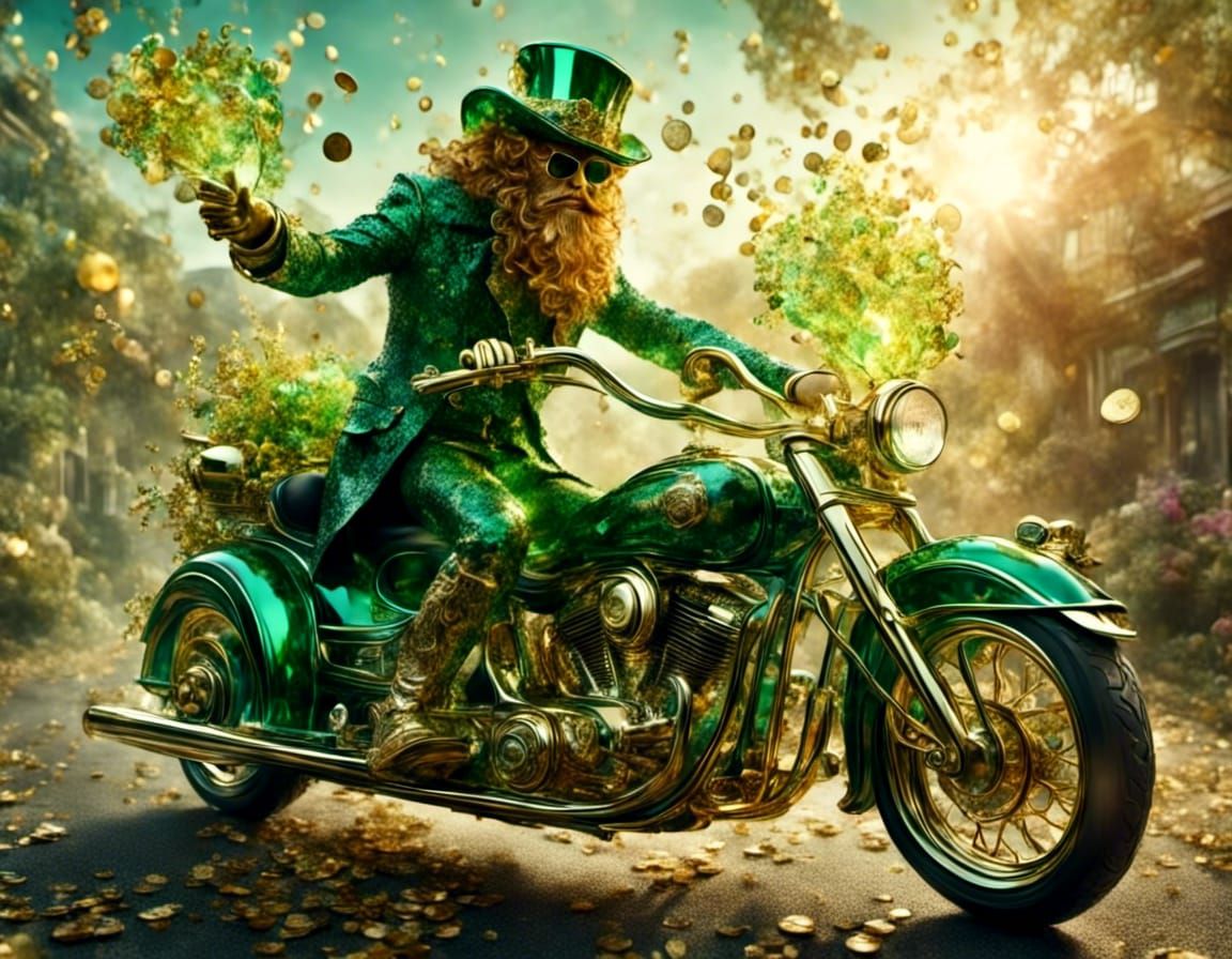 Leprechaun on Glass Motorcycle in Hyperrealism Style
