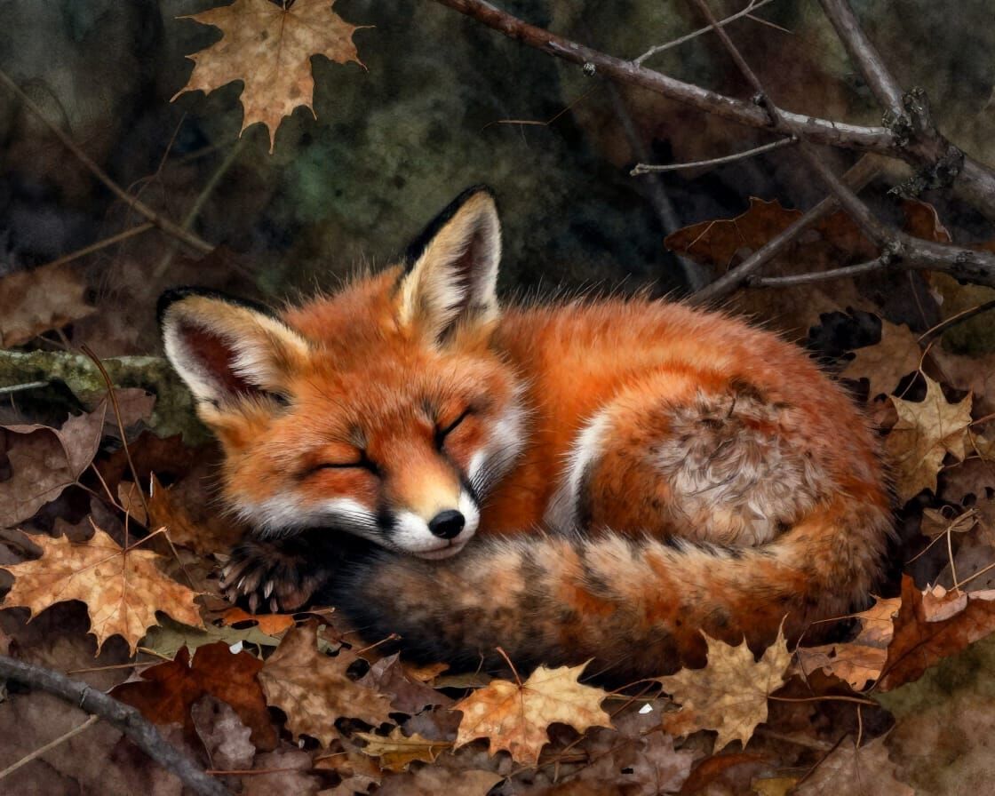 Sleeping Fox Cub in Autumn Forest