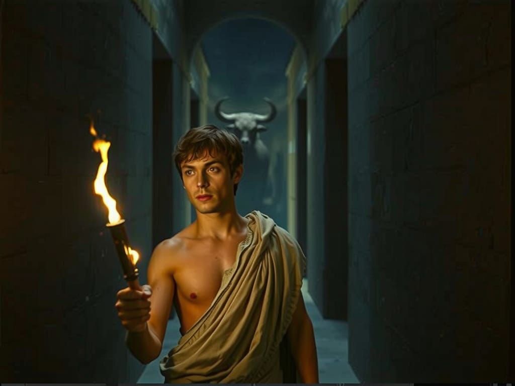 Pensive Man Confronts Minotaur in Lair