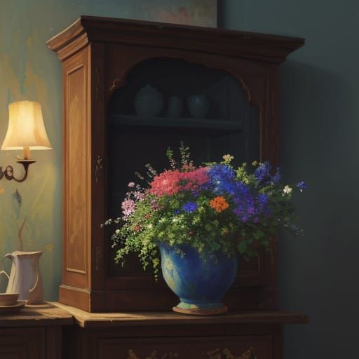 Impasto Gouache Still Life: Flower Pot on Cabinet