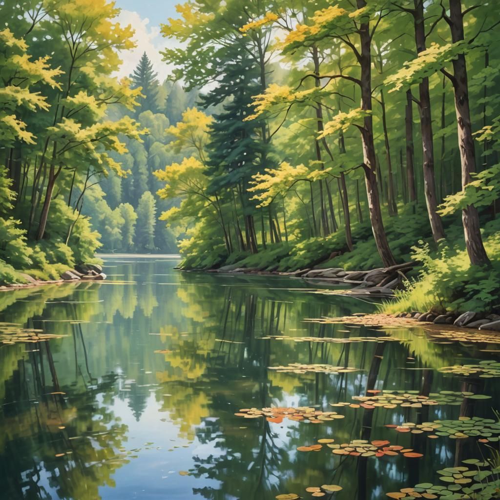 Calm Lake Landscape Painting in Warm Light