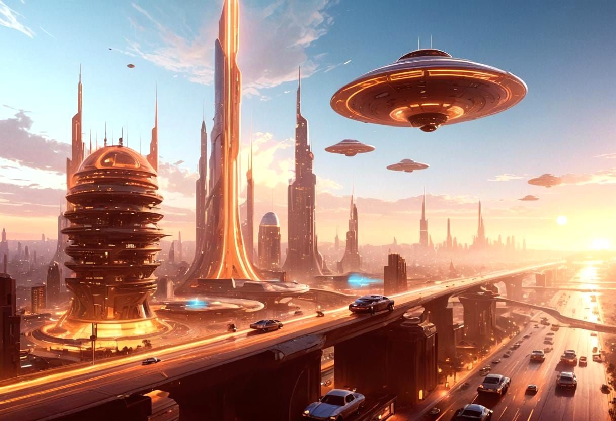 Futuristic Cityscape with Flying Saucers