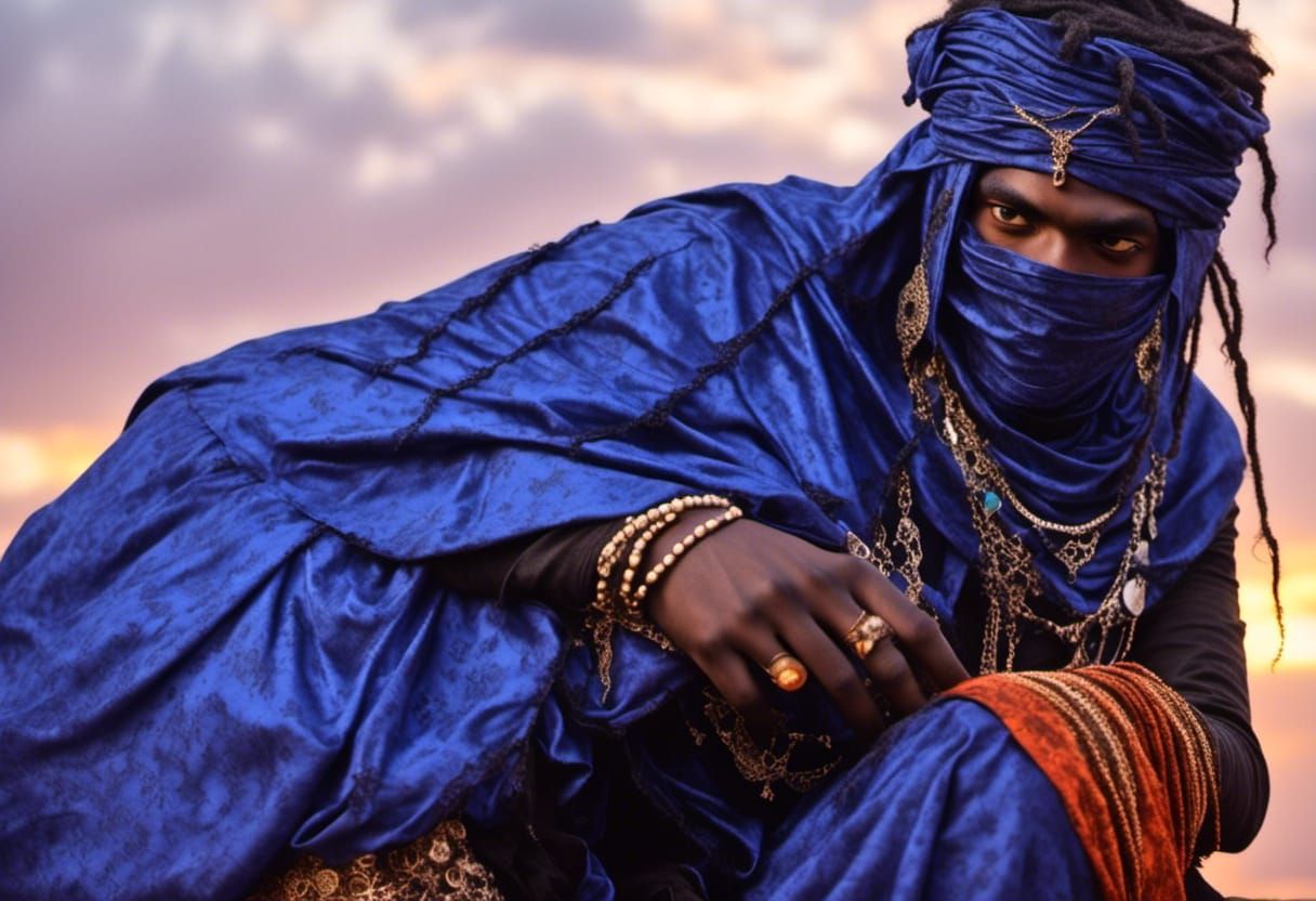 Tuareg with Traditional Jewelry at Sunset