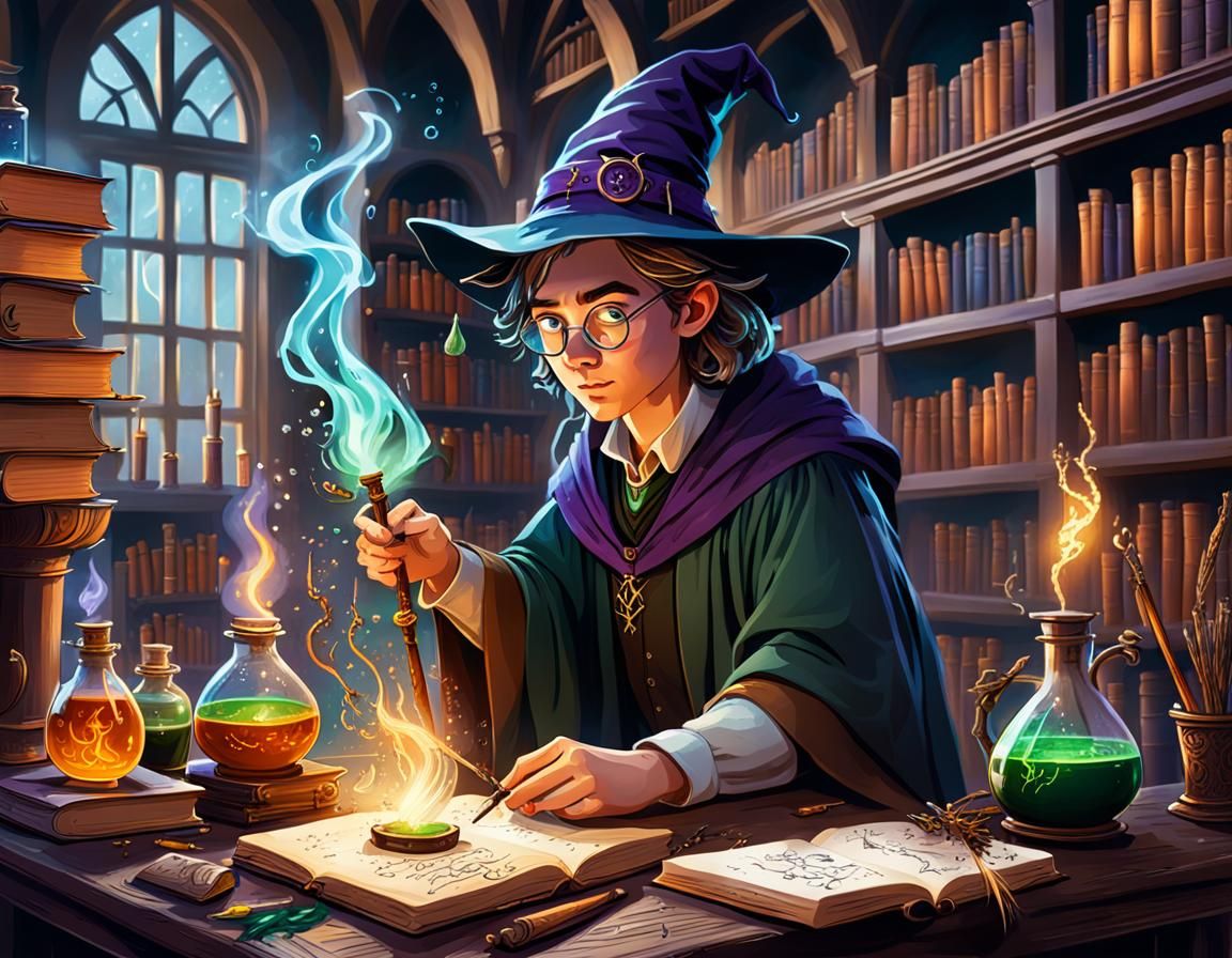 Young Wizard Practicing Spells in Magical Library