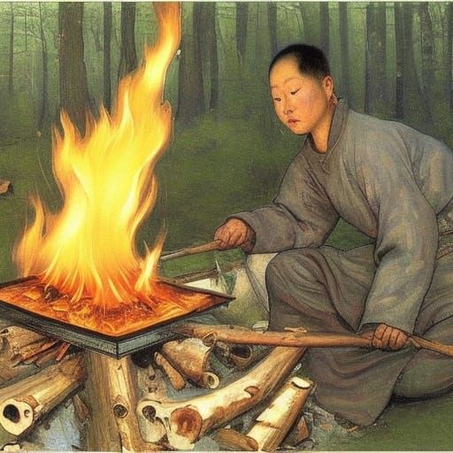 Warm Fire in Stove, Folklore Art Style