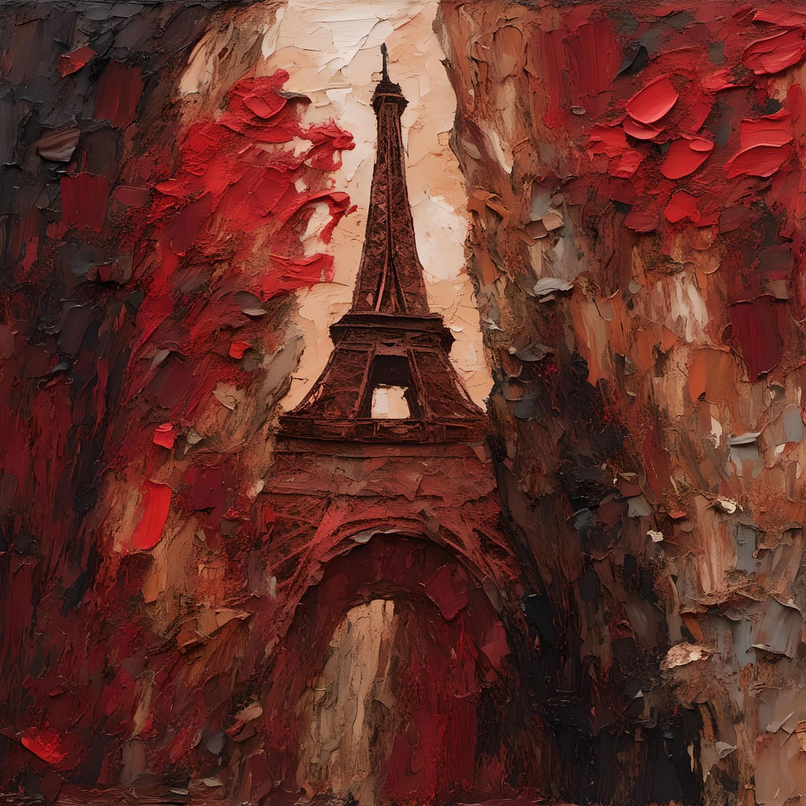 Eiffel Tower Over Chasm in Impasto Gouache Style