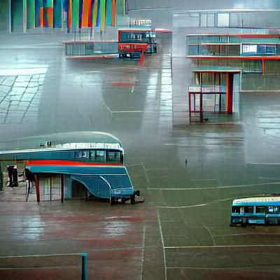 Soviet-Era Bus Station in Rain