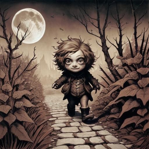 Dark Fantasy Creature Walks to Moon in Sepia Tones