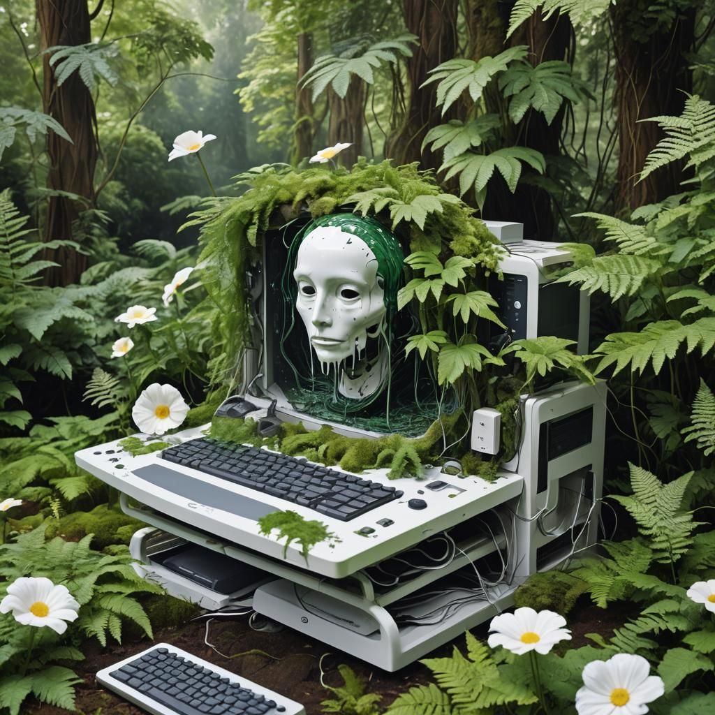 Melting Computer Merges with Garden in Watercolor Style