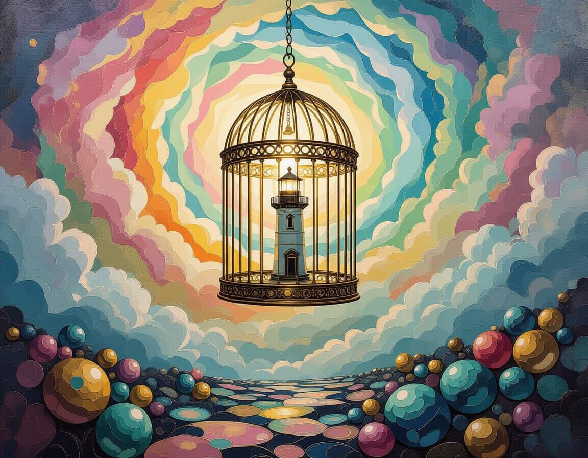 Steampunk Birdcage with Lighthouse in Surreal Landscape