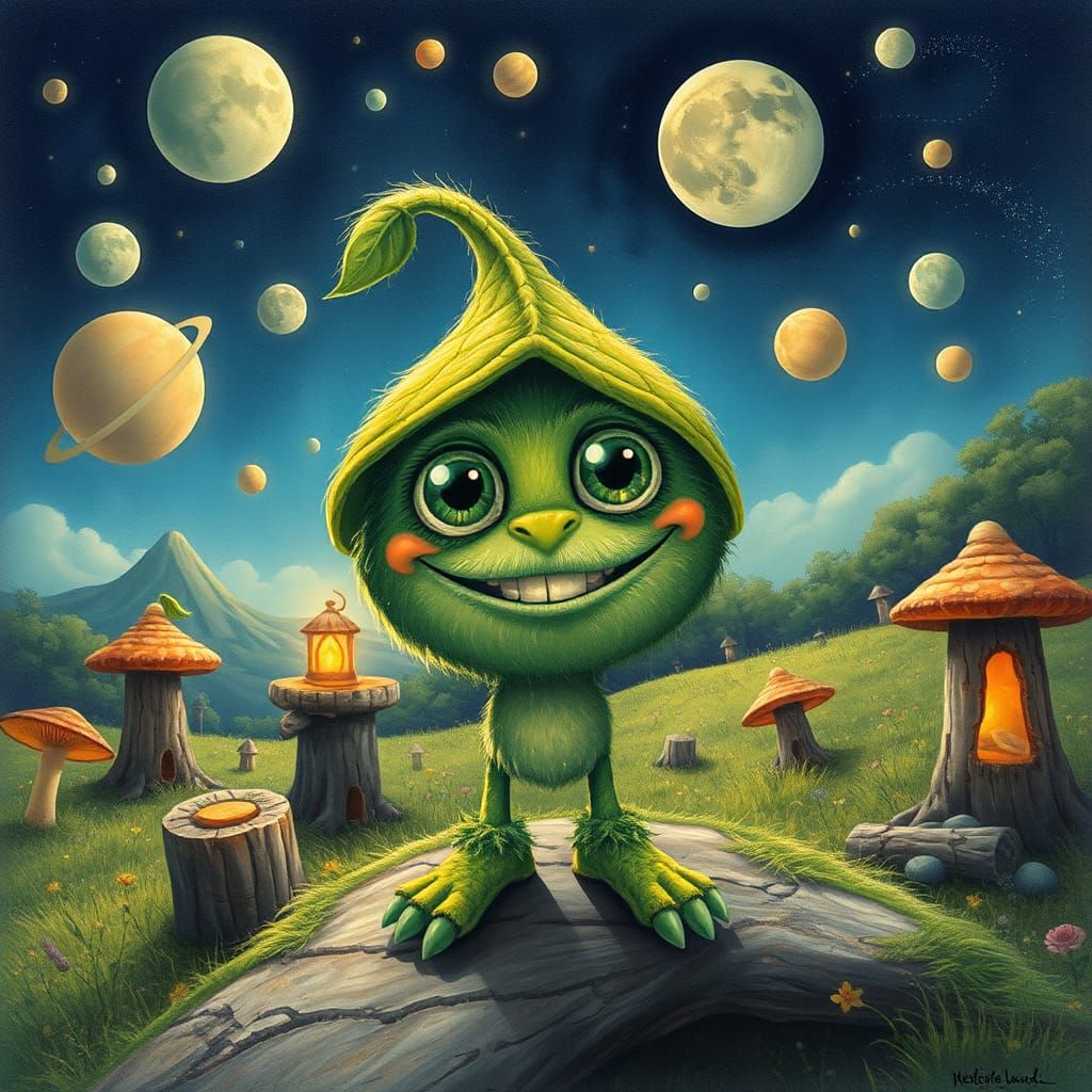 Cute Green Creature in Sunny Planetary Landscape
