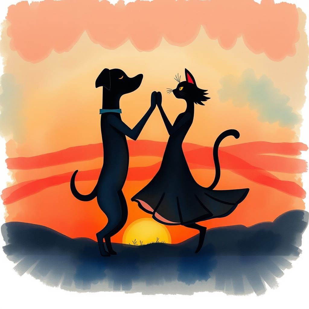 Whimsical Sunset Silhouettes in Dreamy Art Style